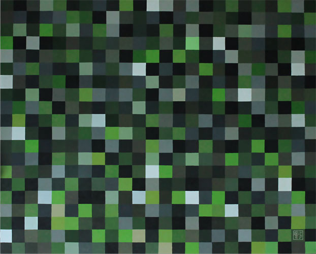  480PX: Gemälde aus 480 Pixelquadraten in Grau, Grün bis Schwarz